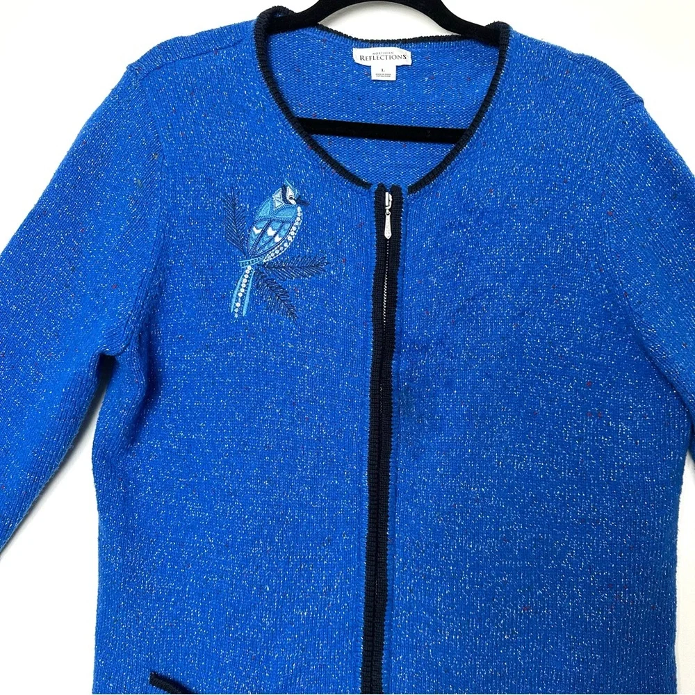 Grannycore Kitschy Blue Jay Embroidered Cottagecore Shimmer Knit Cardigan - Picture 2 of 12